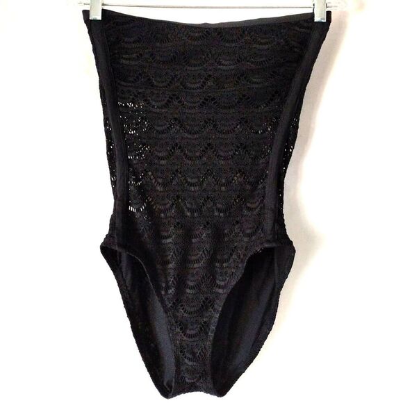 Jantzen Swim Bathing Suit Black Crochet Lace Bikini Strapless Hi Cut One Piece L - Picture 3 of 14